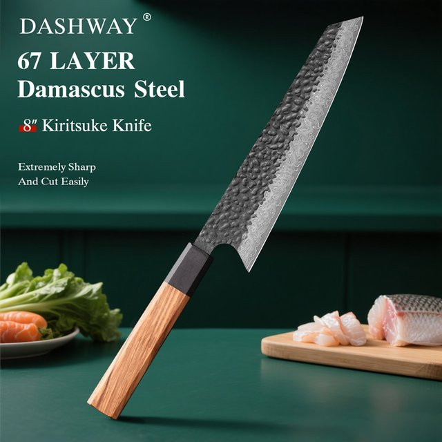 DASHWAY Japanisches Kiritsuke-Messer aus Damaszener Stahl, handgeschmiedetes Profi-Küchenmesser mit Holzgriff, 20,32 cm - Bild 1