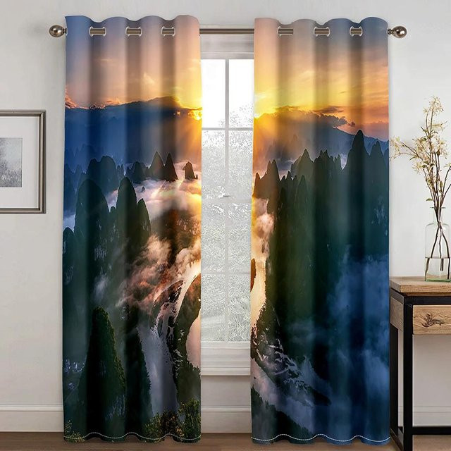 Yiran Furniture Naturlandschaft Schattensvorhänge mit Berg- und Wasserfall-Motiv, 2 Paneele, B: 55 cm, H: 120 cm, Mehrfarbig - Bild 1