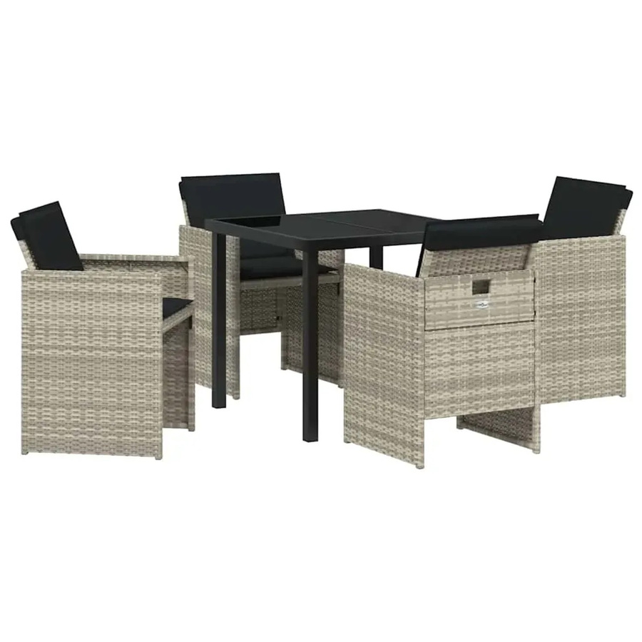 vidaXL Garten Essgruppe 5-teilig aus Poly-Rattan und Glas in Hellgrau mit quadratischem Tisch und 4 Stühlen - Bild 2
