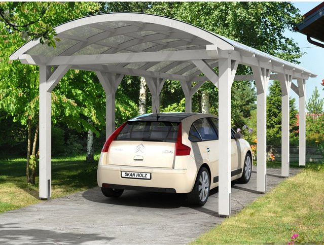 Skan Holz Carport Franken Bogendach mit Doppelstegplatten aus Polycarbonat, Farbe: Weiß, B/T: 376 x 755 cm, Höhe: 293 cm - Bild 1