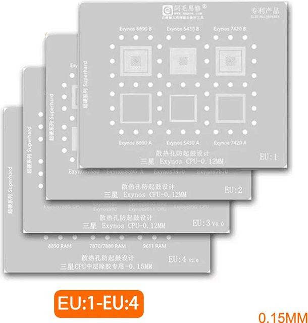 Amaoe BGA Reballing Schablone aus Stahl für Samsung Exynos 7885 9820 9610 980 8890 7580 8895 7880 CPU RAM Chip IC in Silber - Bild 1