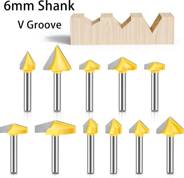 JGZUI V-Nut-Schaftfräser Set mit 60, 90 und 120 Grad Profil für die Holzbearbeitung, Schaft: 6 mm - Bild 1