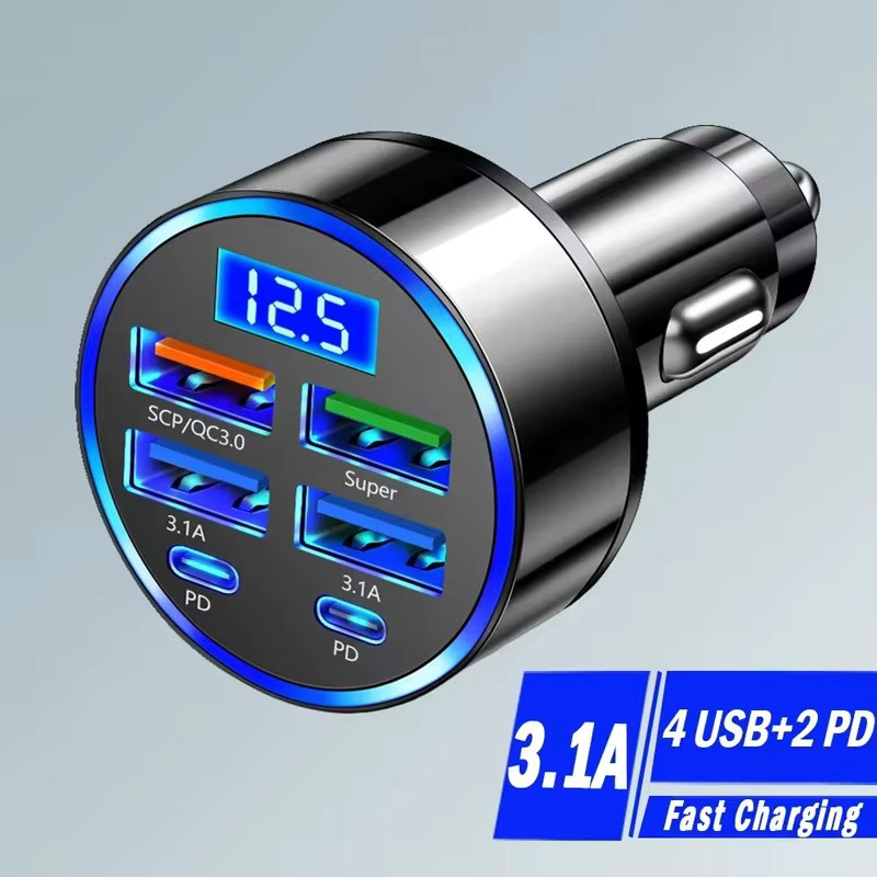 UYUXIO 6-in-1 USB-C Autoladegerät mit Spannungsanzeige und Voltmeter in Schwarz für iPhone 17 16 und Samsung - Bild 3