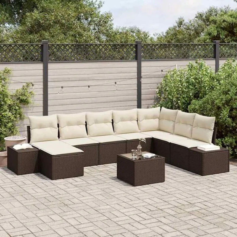 Vidaxl Garten-Sofa-Set aus Polyrattan mit 9 Kissen in Braun, B/T/H: 319 x 209 x 85 cm - Bild 1