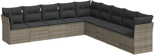 vidaXL 9-tlg Garten-Sofagarnitur in L-Form aus grauem Poly-Rattan mit Sitzkissen und Rückenkissen sowie Stauraum - Bild 1