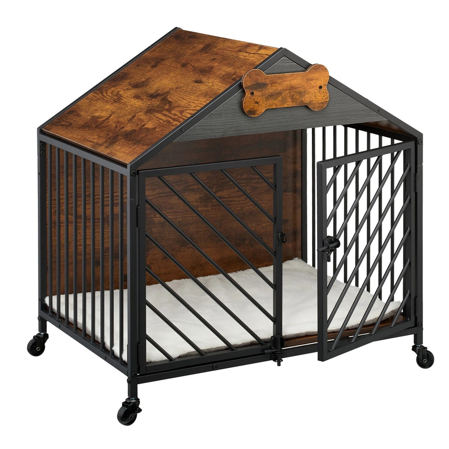 Relaxdays Hundekäfig aus Stahl und MDF in Braun mit Rollen, B/T/H: 73 x 70 x 53 cm - Bild 2