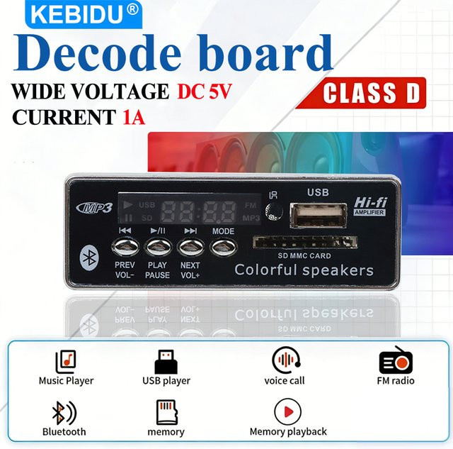 KEBIDU Bluetooth 5.0 MP3-Player mit USB und TF-Slot, WMA WAV Decoder Board mit FM-Radio und Freisprecheinrichtung für Auto-Audio-Adapter, DC 12V - Bild 1