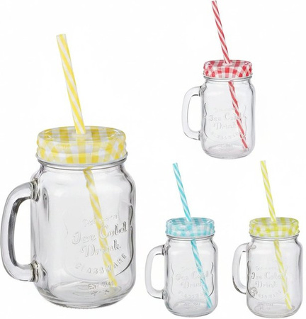 Relaxdays Mason Jar Trinkgläser 4er Set aus Glas in Transparent mit Schraubdeckel und Strohhalm, Höhe: 13,5 cm, Breite: 11 cm, Tiefe: 8 cm