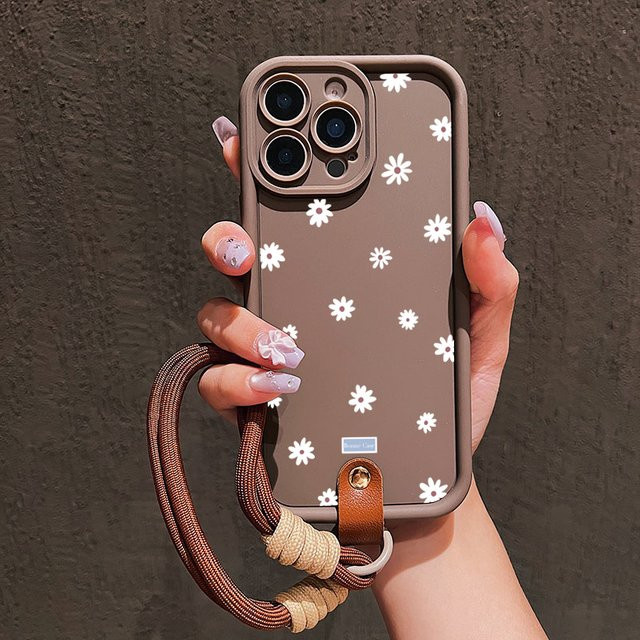 Handyhülle mit Gänseblümchen-Blumenmuster und Lanyard Strap für Apple iPhone 11 bis iPhone 17 Pro Max Plus, Farbe: Braun - Bild 1