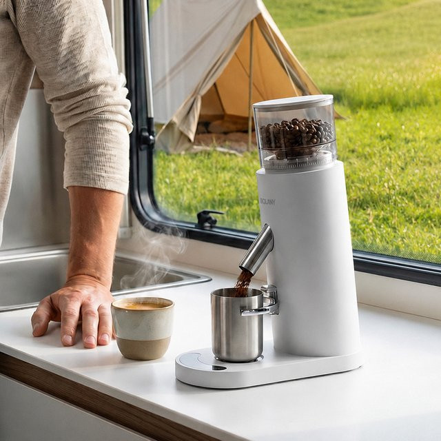 ROUNY Kabellose Elektrische Kaffeemühle in Weiß mit einstellbarem Mahlgrad, Wiederaufladbar, 80g Bohnenbehälter und 60g Dosierbecher - Bild 1