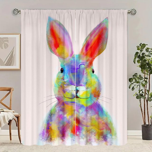 Yiran Furniture Hase Vorhang Set aus Polyester in Grau, 2 Stück, semi-transparent mit Hasen-Print für Schlafzimmer und Wohnzimmer - Bild 1