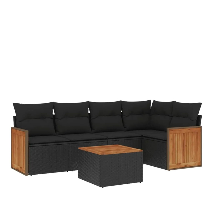 vidaXL 6-teilige Garten-Sofagarnitur in L-Form aus schwarzem Poly-Rattan mit Kissen und Akazienholz - Bild 2