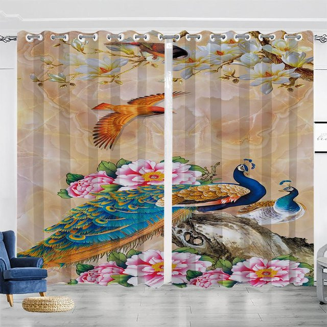 Yiran Furniture Vorhang mit Pfauenmuster in Navy Blau, 2er-Set aus Polyester, semi-transparent, B: 50 cm, H: 130 cm - Bild 1