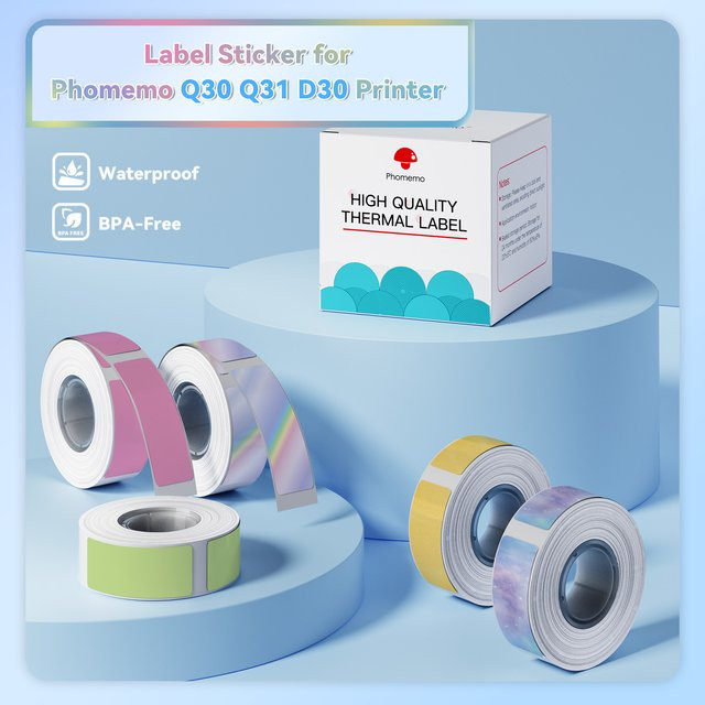 Phomemo Etikettenaufkleber-Papierrolle für Q30 D30 Drucker, 3 Rollen Thermoband in Weiß und Transparent, Breite: 6 mm, 12 mm, 14 mm oder 15 mm - Bild 1