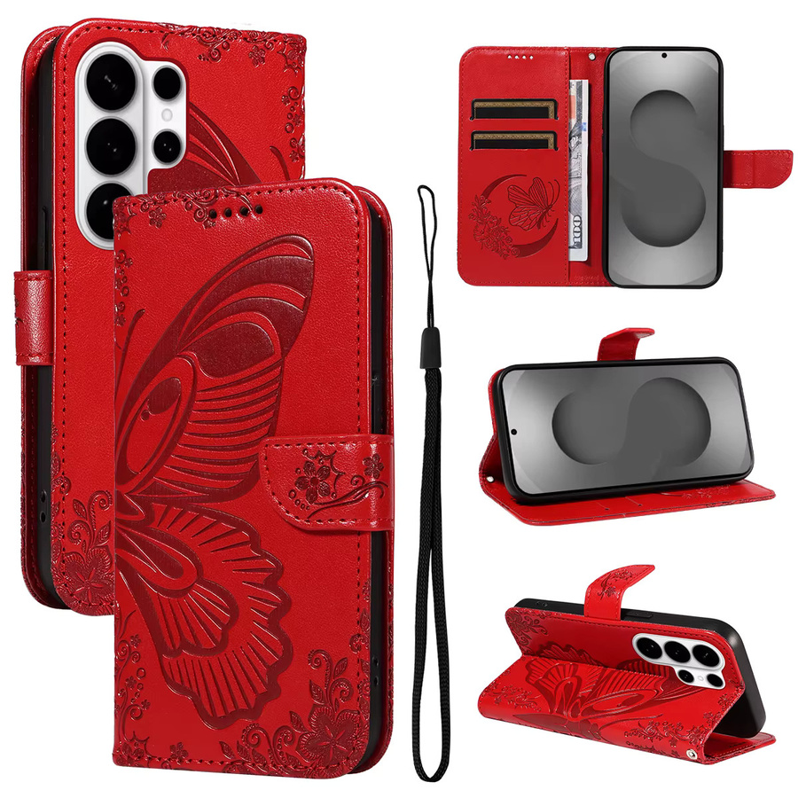 Magnetische Leder-Brieftaschenhülle für Samsung Galaxy S26 Plus, S26 Edge oder S26 Ultra in Rot mit 3D-Schmetterlingsprägung und Ständerfunktion - Bild 6