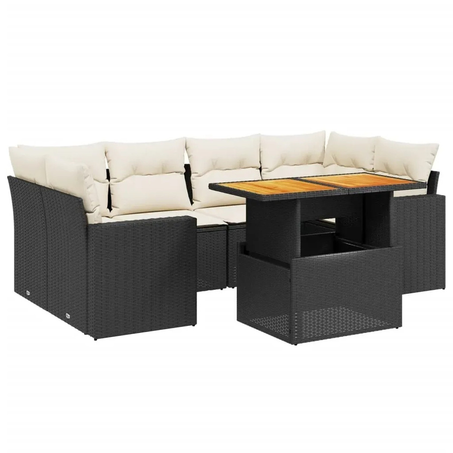 vidaXL 7-teilige Garten-Sofagarnitur in L-Form aus Polyrattan und Akazienholz mit Kissen, Schwarz - Bild 2