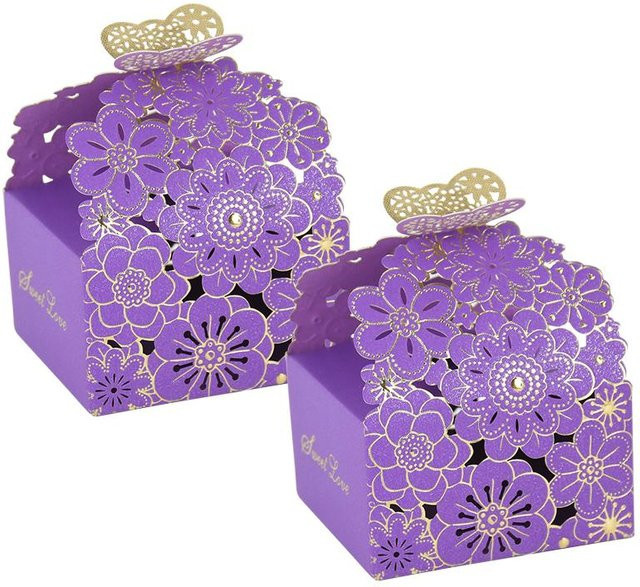 50 Stück Schmetterling und Blumen Candy Box aus Papier in Violett für Hochzeiten und Partys - Bild 1