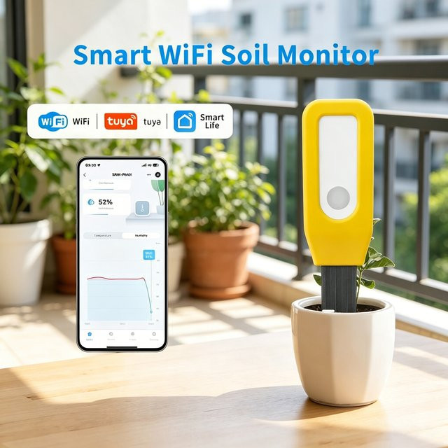 Tuya Smart Life WiFi Bodentemperatur- und Feuchtigkeitssensor in Gelb zur Echtzeit-Überwachung mit Verlaufsdaten - Bild 1