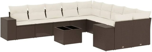 vidaXL 11-tlg. Garten-Sofagarnitur in L-Form aus braunem Polyrattan mit UV-beständigen Kissen und Metallrahmen - Bild 1