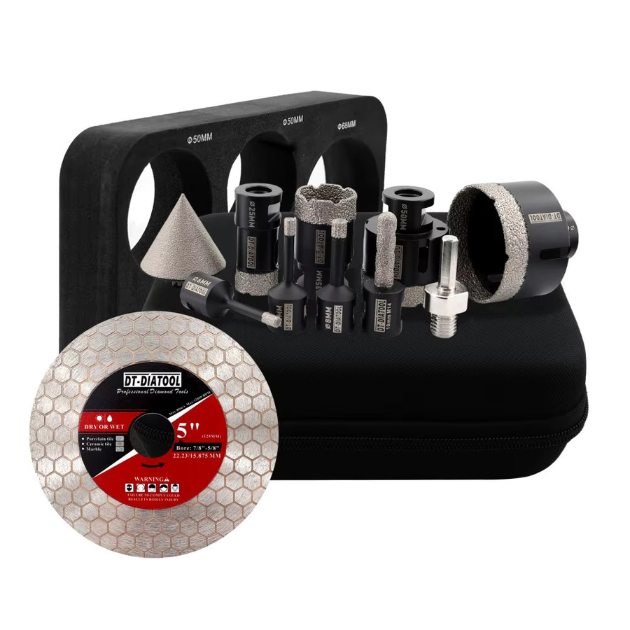 DT-DIATOOL Diamantbohrer-Set mit M14-Gewinde in Silber, 10 Stück Lochsägen mit 6/6/8/25/35/50/68 mm, 10 mm Fingerfräser, 2 Zoll Fasenfräser, Sechskant-Gewindeadapter und 125 mm doppelseitige Diamantscheibe - Bild 4