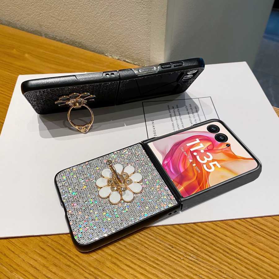 Glitzernde Sternenlicht Handyhülle mit Blumenmuster und Ringschnalle für Motorola Razr 50, Razr 40 und Razr 60 Ultra in Schwarz oder Silber - Bild 3