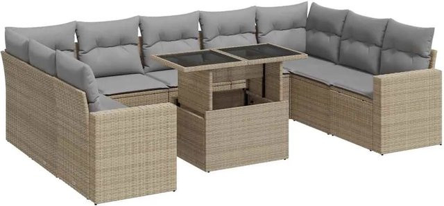 vidaXL 10-tlg. Garten-Sofagarnitur in L-Form aus Poly-Rattan in Beige-Grau mit wetterfesten Kissen - Bild 1