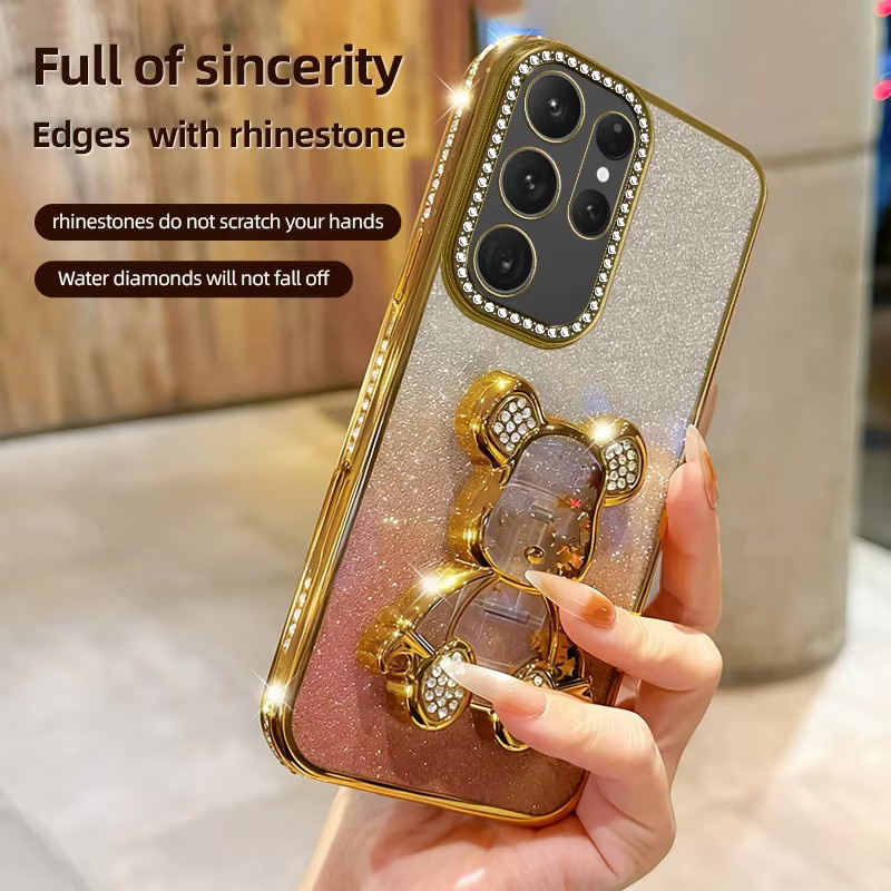 Diamond Glitter Bear Schutzhülle mit Standfunktion für Samsung Galaxy S25 Ultra S24 FE S23 S22 A17 A16 A56 A36, stoßfestes Luxus Case in Transparent und Gold - Bild 2