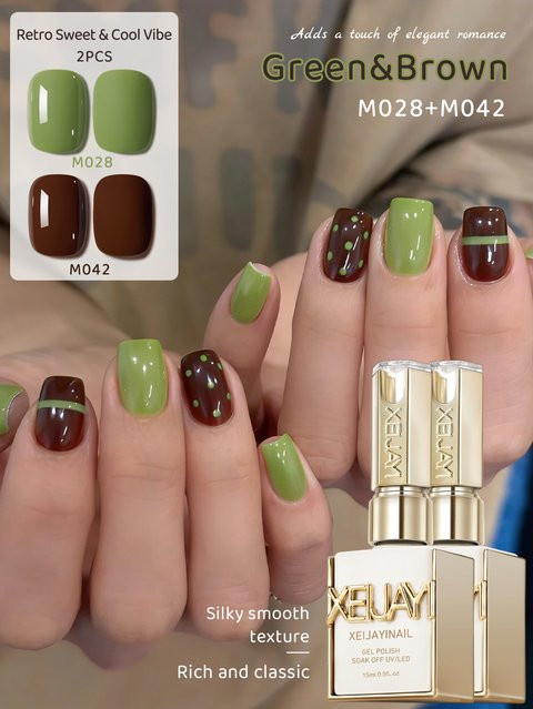 XEIJAYI Gel-Nagellack Starter-Set, 2er-Set, Rotbraun-Grün, Glänzend - Bild 1