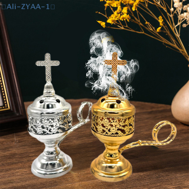JETTING Kreuz-Räuchergefäß aus Metall in Silber mit floralem Design für Sandelholz und Holzkohle - Bild 1