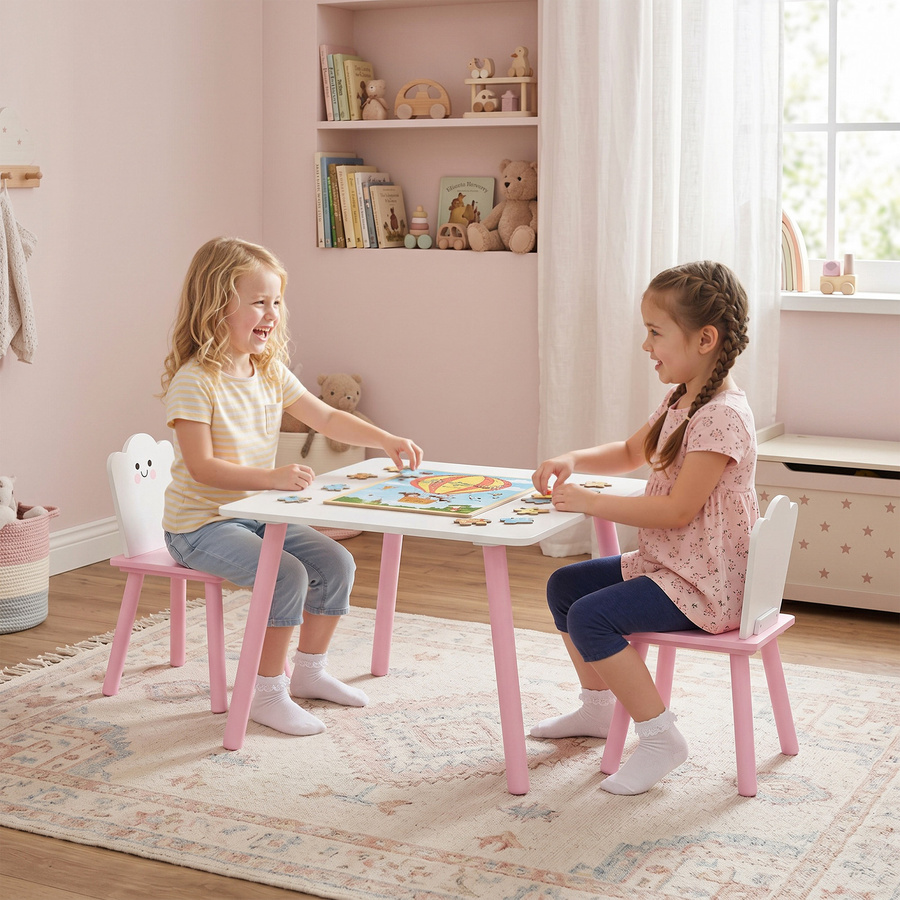 AIYAPLAY Kindertisch mit 2 Stühlen in Rosa und Weiß mit Zuckerwatte-Design und Holzbeinen für Kinderzimmer - Bild 2