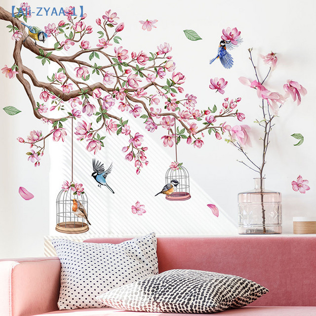 2 Stück JETTING Wandaufkleber mit Pfirsichblüten und Vögeln in Rosa, selbstklebend, Art-Deco-Design aus PVC für deine DIY-Wanddekoration - Bild 1