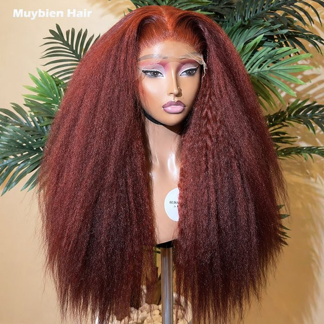 Muybien Hair Kinky Straight Lace-Perücke aus Echthaar, rötlich-braun, Damen - Bild 1