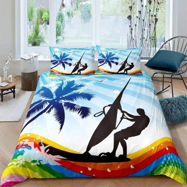 Sonnenuntergang und Surfen Bettbezug Set mit Kissenbezügen in Mehrfarbig, Design Strandthema für Schlafzimmer, Breite: 135 cm, Länge: 200 cm - Bild 1