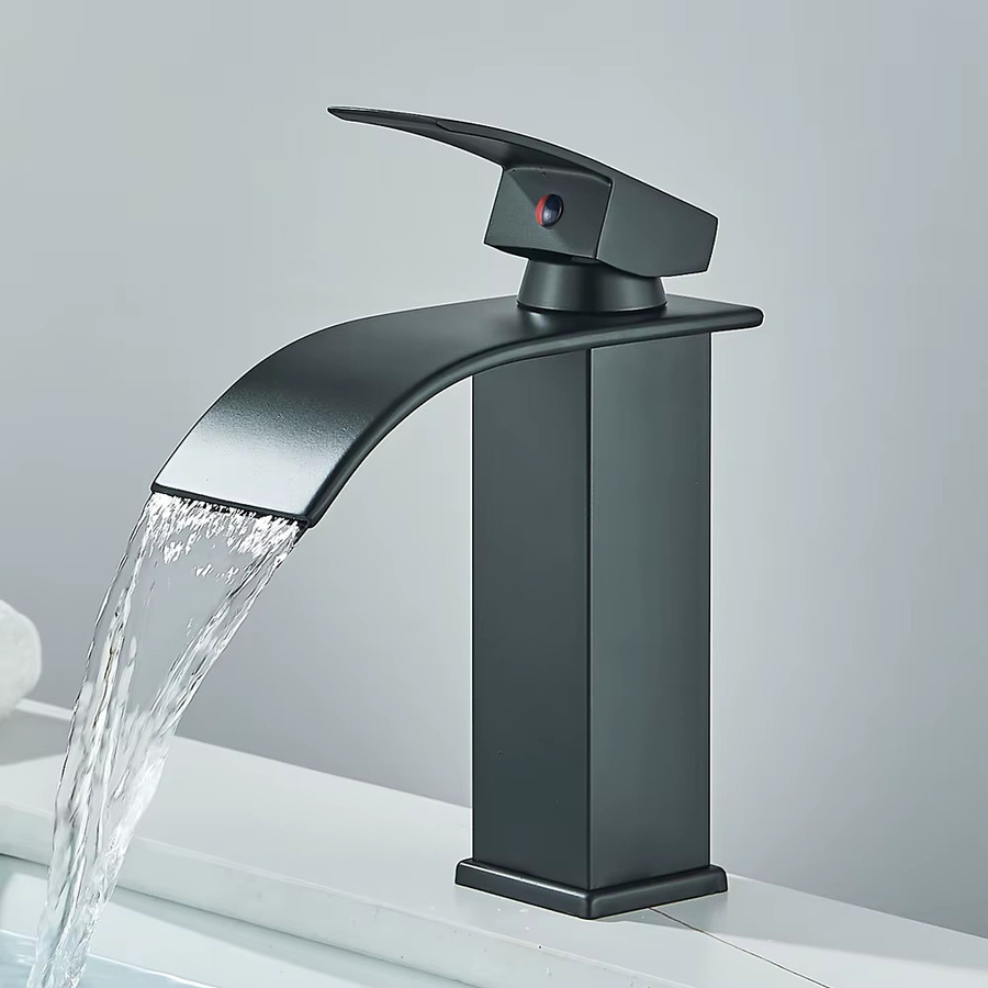 Quyanre Wasserfall-Waschtischhahn in Mattschwarz, Einhandmischer für Warm- und Kaltwasser aus Messing, Waschtischarmatur für das Badezimmer, Höhe: 19,0 cm, Breite: 18,0 cm, Tiefe: 13,0 cm - Bild 2