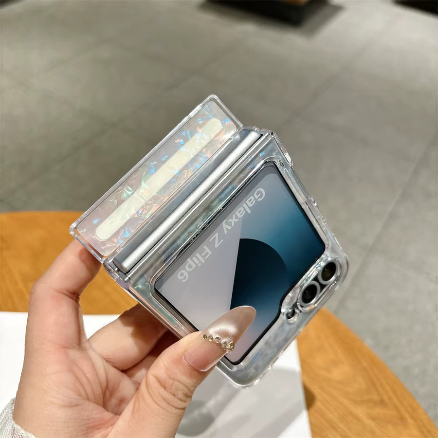 Magnetische Scharnier-Schutzhülle mit Muschelmuster für Samsung Galaxy Z Flip 7 FE, 8, 6, 5 mit 360 Grad drehbarer Halterung und kabelloser Ladestation, Farbe: Pink/Transparent, Material: Hartes PC - Bild 3