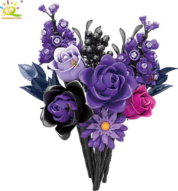 HUIQIBAO Rose Blume Modell Bausteine, Lila Schwarz, DIY Bouquet - Bild 1