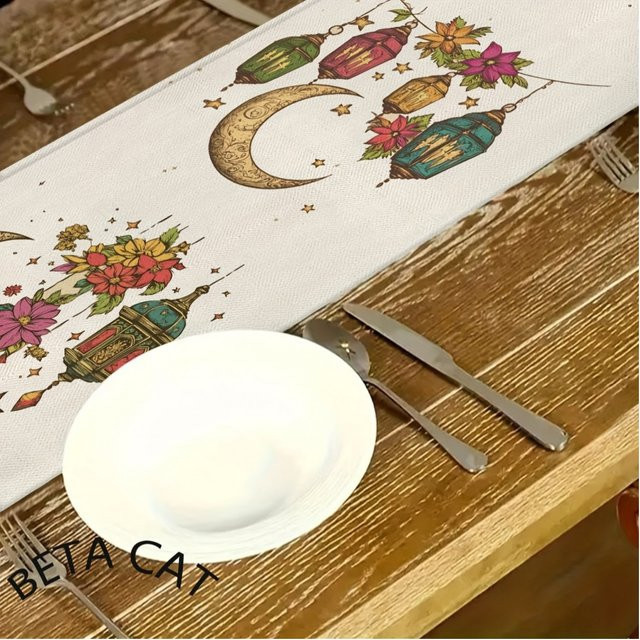 VIKAMA Ramadan Tischläufer mit buntem Halbmond-Laternen-Design aus Leinen, rechteckig, Mehrfarbig, Breite: 90 cm, Tiefe: 33 cm - Bild 1