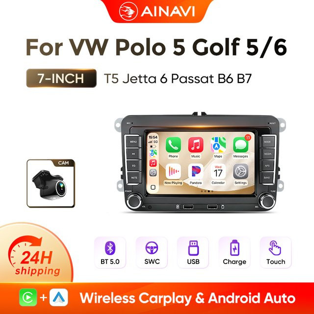 AINAVI 7-Zoll Autoradio mit kabellosem Carplay und Android Auto für VW Golf 5 MK6 Tiguan EOS Caddy Sharan Scirocco, 2-DIN, Schwarz - Bild 1