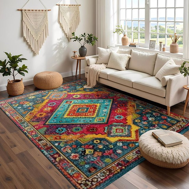 RAKKS Ethnischer Vintage-Samtteppich mit Stammesmuster in Multicolour, rutschfester Teppich für Wohnzimmer und Schlafzimmer - Bild 1