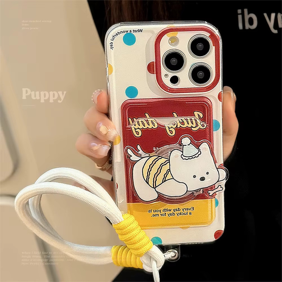 MUQGEW Handyhülle mit Umhängeband und Kartenhalter im Cartoon-Welpen-Design für iPhone, Farbe: Multicolour - Bild 2