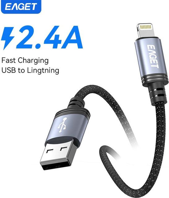 EAGET USB-A auf Lightning Schnellladekabel in Schwarz, 1 m Länge für iPhone, iPad und AirPods - Bild 1