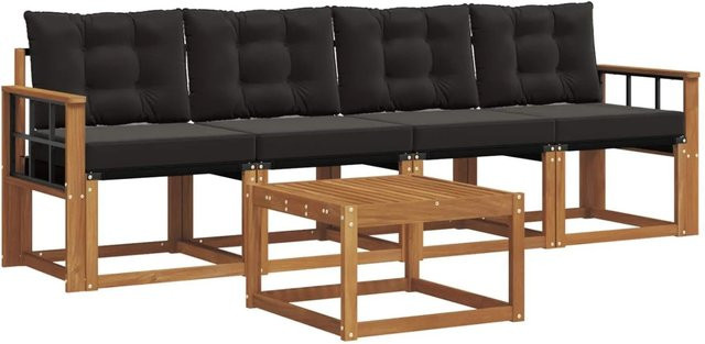 vidaXL Outdoor-Sofagarnitur 5-teilig aus Akazienholz und Textilene in Natur und Schwarz mit Kissen - Bild 1