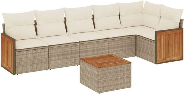 vidaXL 7-teilige Garten-Sofagarnitur in L-Form aus Polyrattan mit Kissen und Couchtisch in Beige - Bild 1