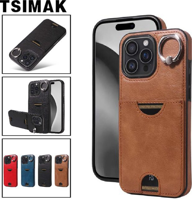 Leder Handyhülle mit Kartenfach und Ring für Apple iPhone 16 15 14 13 12 11 Pro Max XS XR X7 Plus 8 SE 2020 in Schwarz - Bild 1