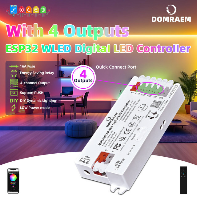 DOMRAEM 4-Kanal Adressierbarer ESP32 WLED-Controller mit Niedrigem Stromverbrauch, 16A Sicherung, DC5-24V Level-Shifter für WS2811 WS2812B SK6812 RGBIC LED-Streifen in Weiß - Bild 1