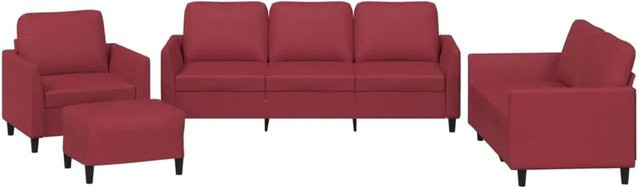 vidaXL 4-teilige Sofagarnitur in Weinrot aus Kunstleder mit Kissen, 3-Sitzer-Sofa, 2-Sitzer-Sofa, Sessel und Fußhocker - Bild 1
