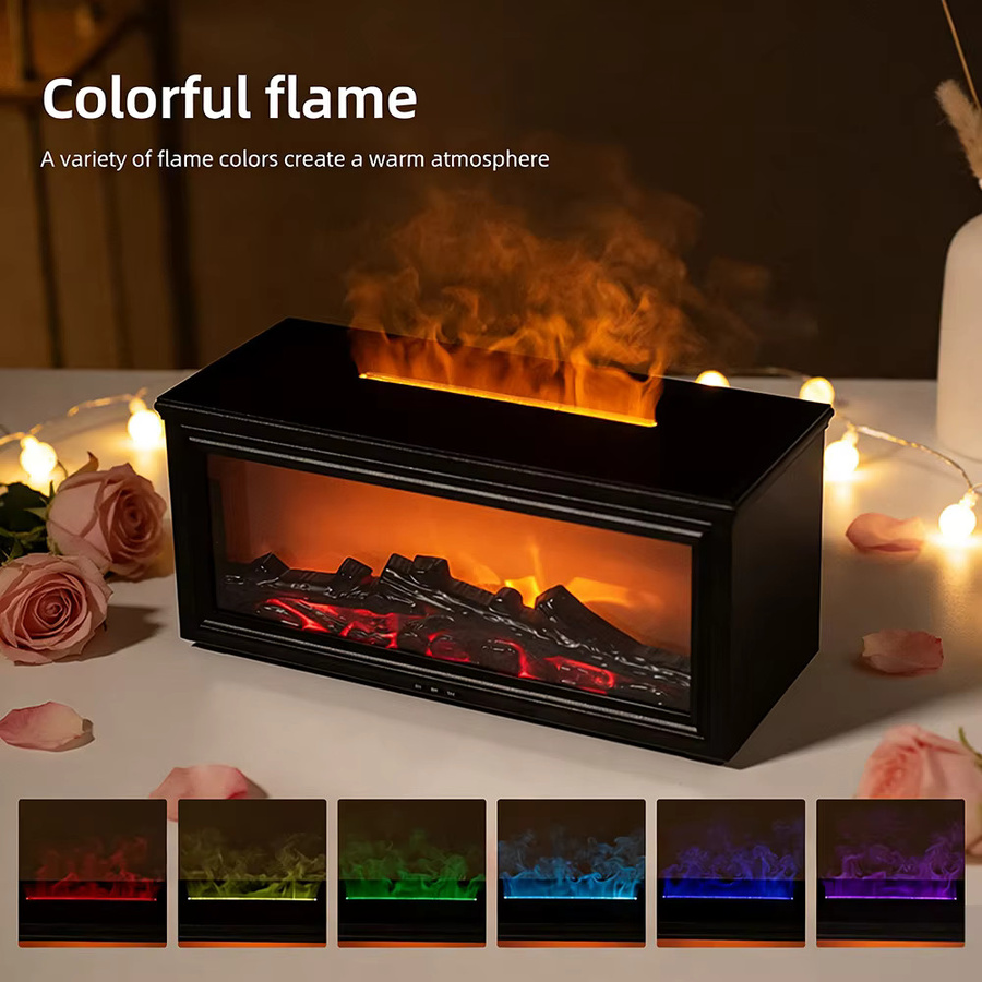 HAOYUNMA Aromadiffusor mit künstlicher Flamme und bunten Nachtlichtern, USB-betriebener Luftbefeuchter in Schwarz - Bild 1
