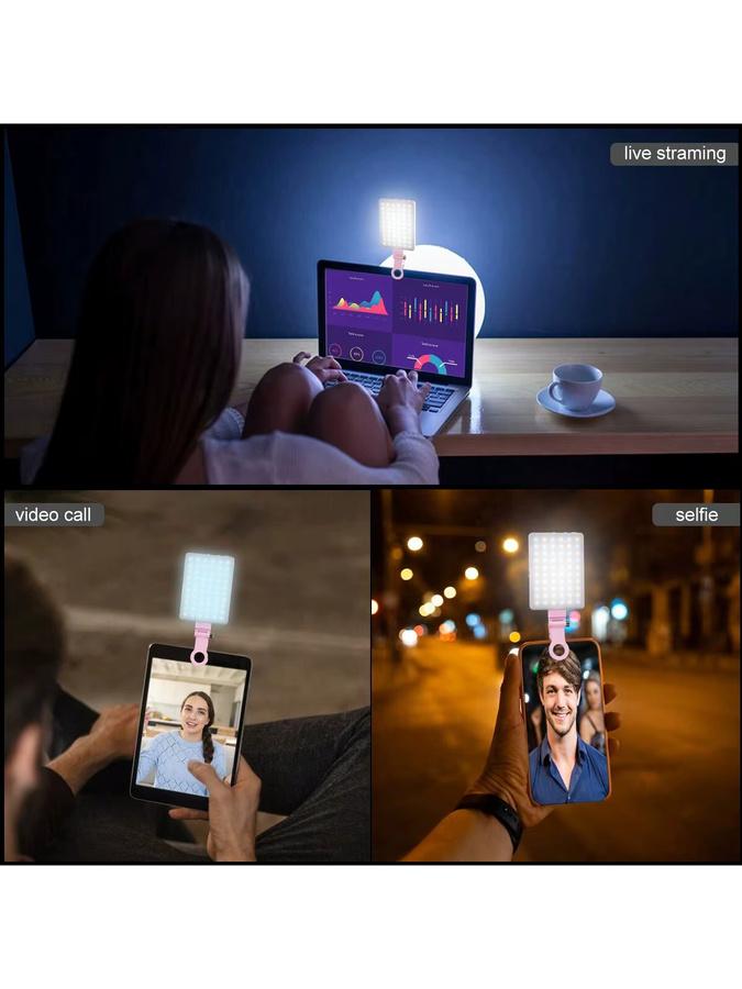 Selfie-Licht für Smartphone, Laptop und Kamera mit Vorder- und Rückclip in Pink und 3 Lichtmodi - Bild 2