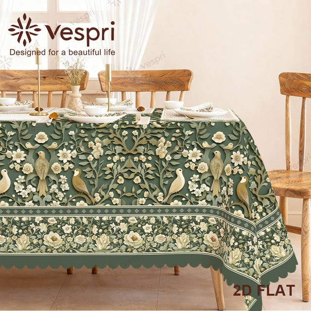 Vespri Frühlingstischdecke mit Blumenmuster und Vogelmotiv in Grün und Weiß aus Polyester für Ostern und Partys - Bild 1