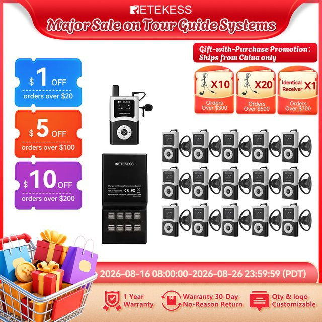 RETEKESS T130U UHF Tourguide-System Drahtloses Audio-Führungssystem in Schwarz mit Sender und Empfänger für Tourismus, Konferenzen und Fabriken - Bild 1